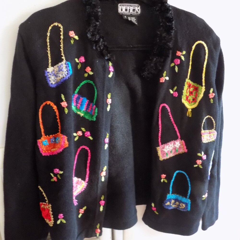 Berek artsy knit purse theme black cardigan rare L ramie blend